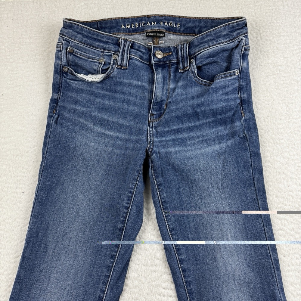American Eagle Jeans 6 X Long Blue Low Rise Flare Flap Pocket Stretch Denim - Picture 2 of 12